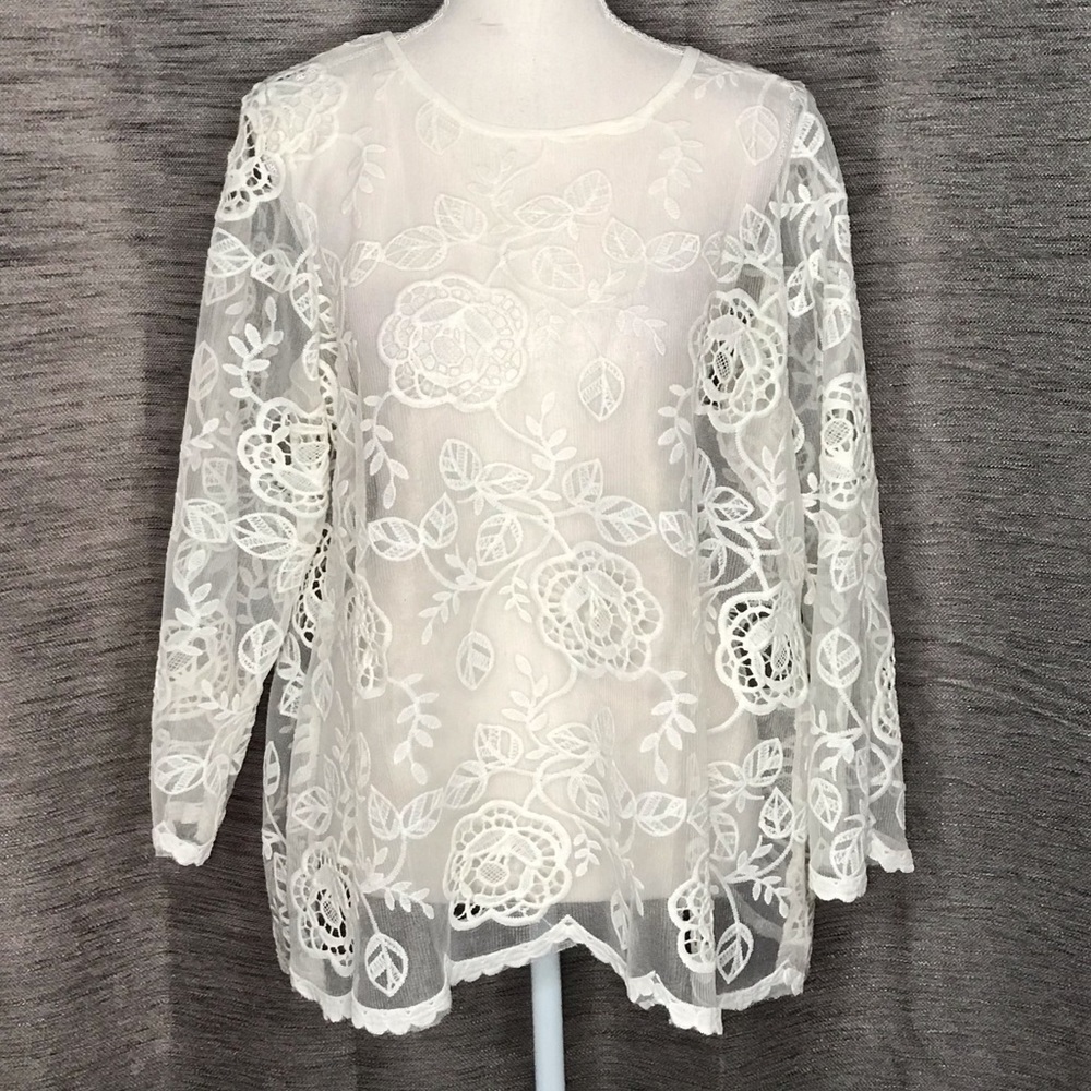 CREAM SHEER CROCHET FLORAL BLOUSE MEDIUM